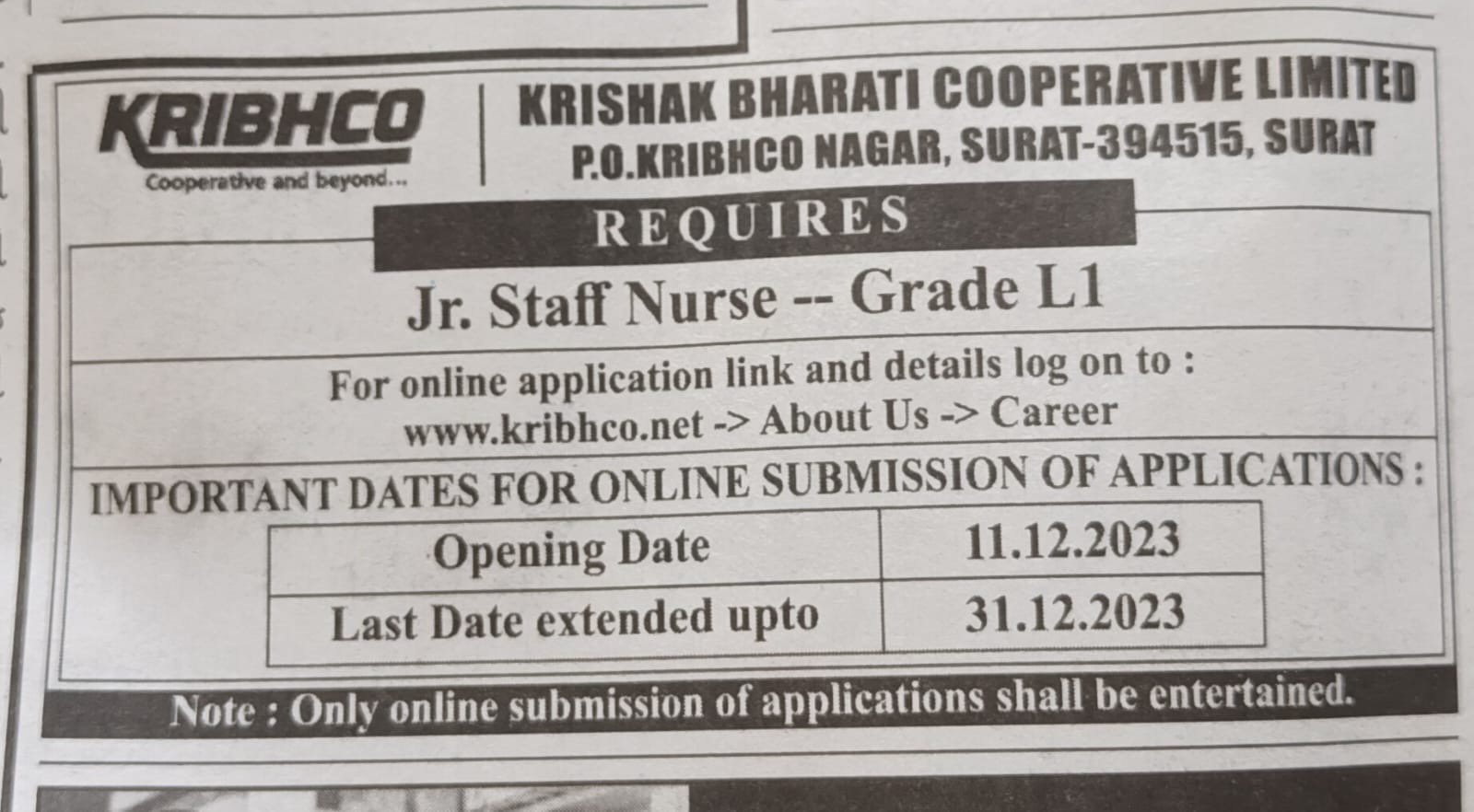 KRIBHCO COMPANY ANNOUNCES RECRUITMENT FOR JR.STAFF NURSE