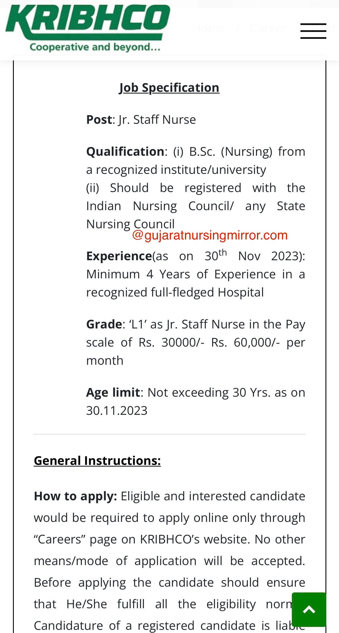 KRIBHCO COMPANY ANNOUNCES RECRUITMENT FOR JR.STAFF NURSE